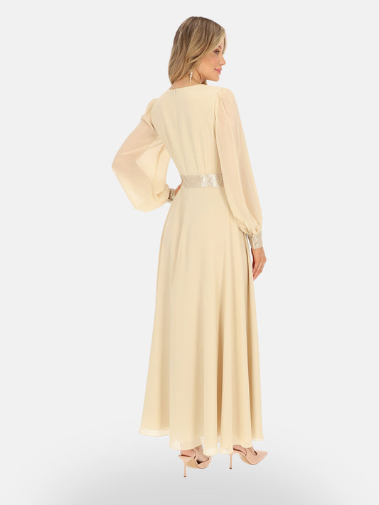 Wieczorowa beżowa elegancka gładka sukienka na wesele maxi Maribel