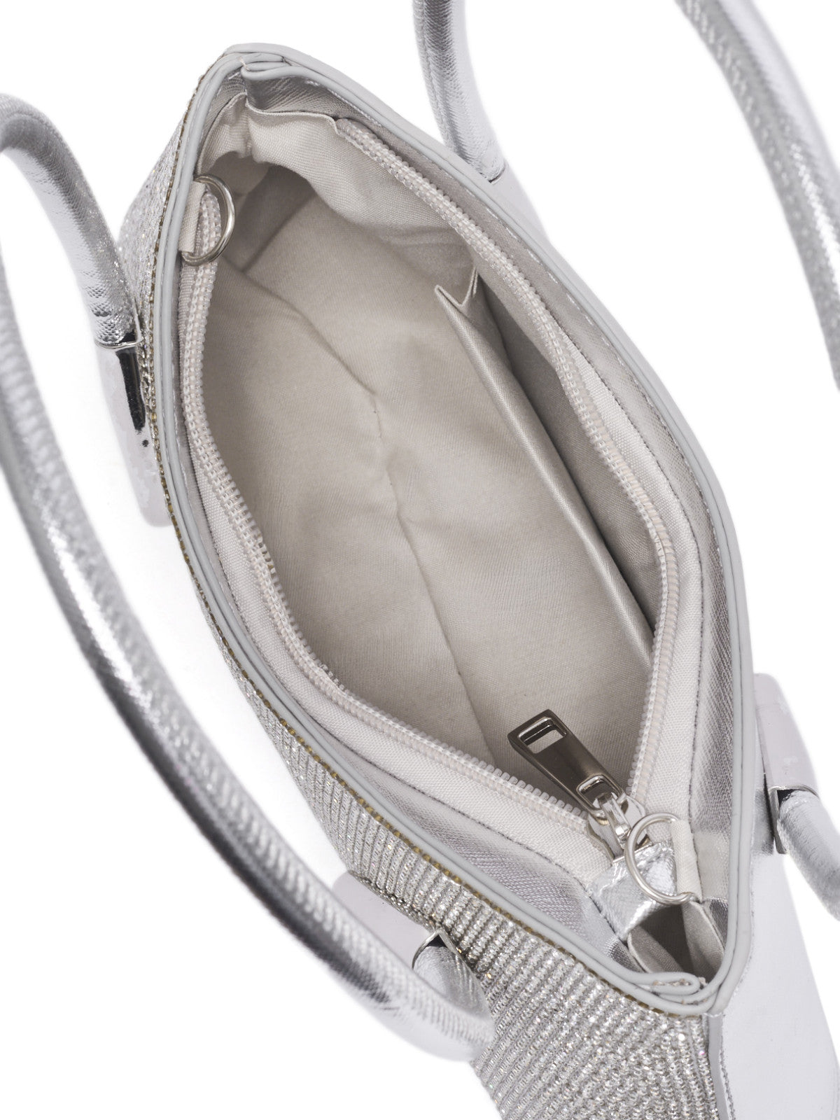 Wieczorowa srebrna błyszcząca trapezowa mała biżuteryjna torebka damska Sabla