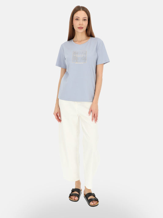 Stylowy błękitny bawełniany t-shirt damski z nadrukiem Tina