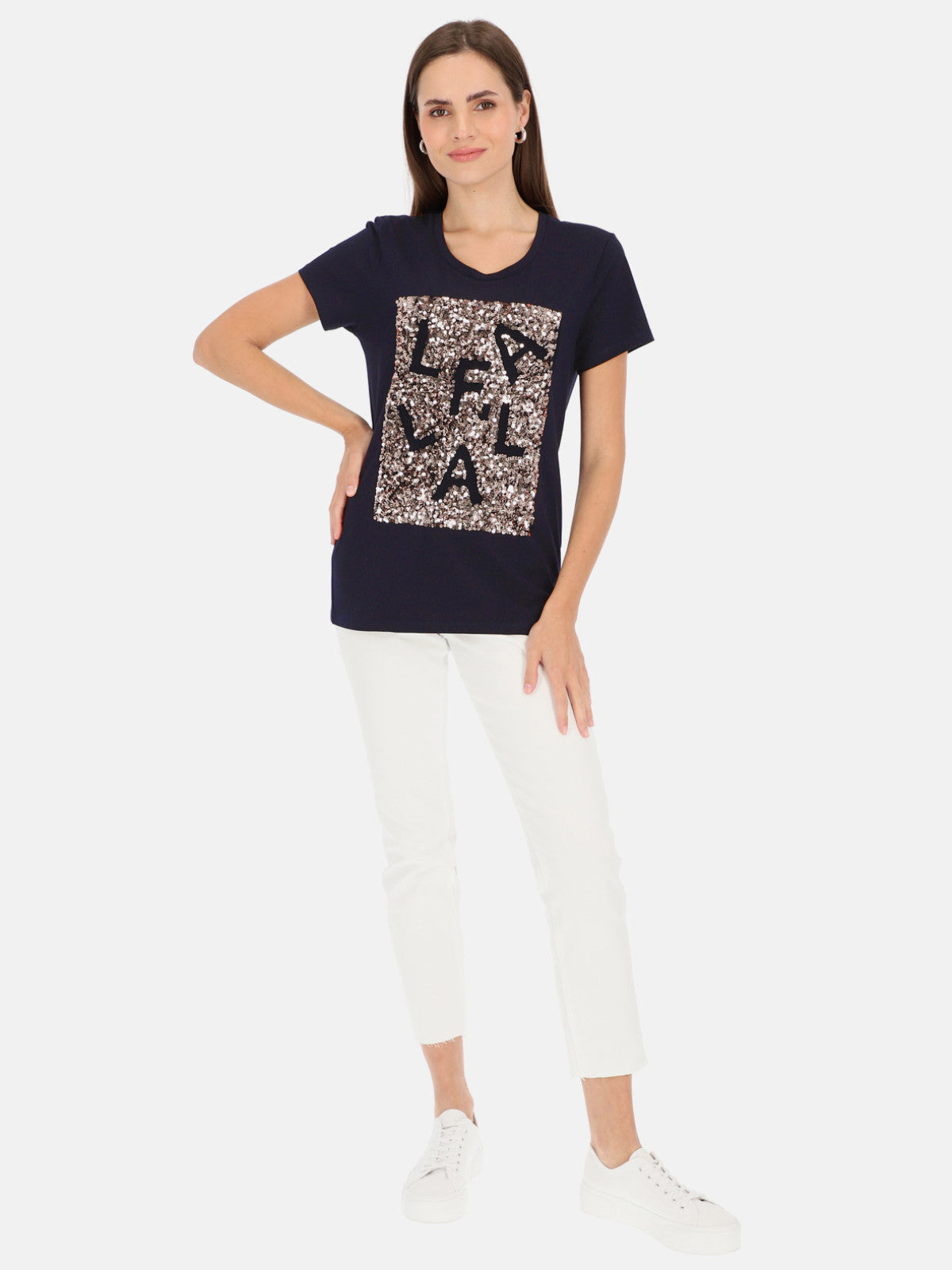 Granatowy t-shirt damski z cekinową aplikacją L'AF Paris