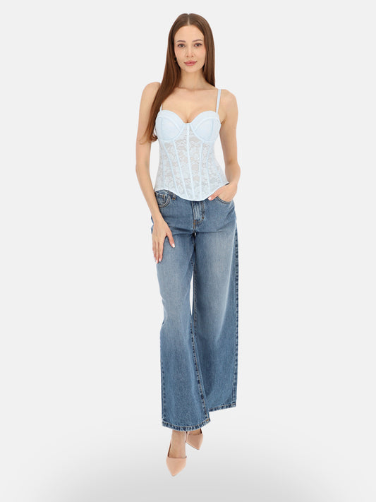 Romantyczny błękitny koronkowy gorset top bustier na lato Romina