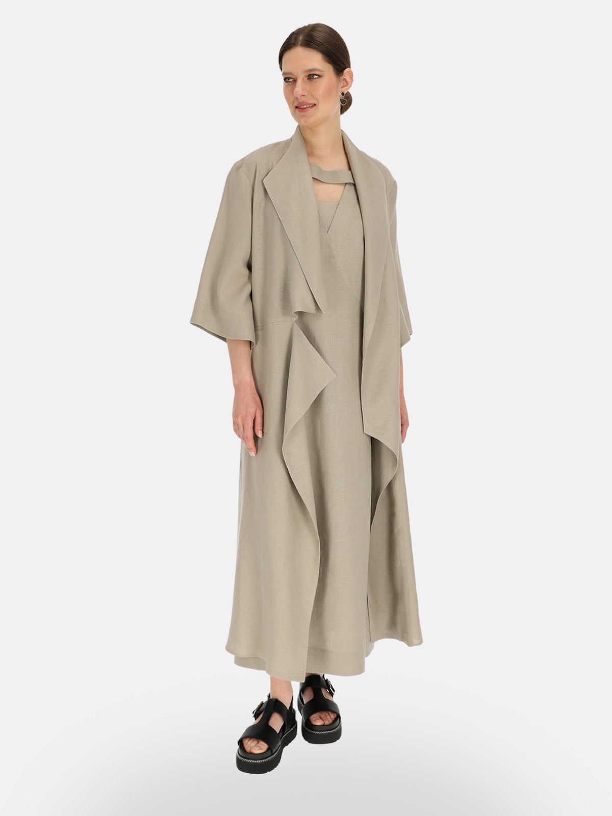 Szary lniany kardigan damski maxi z Eye For Fashion