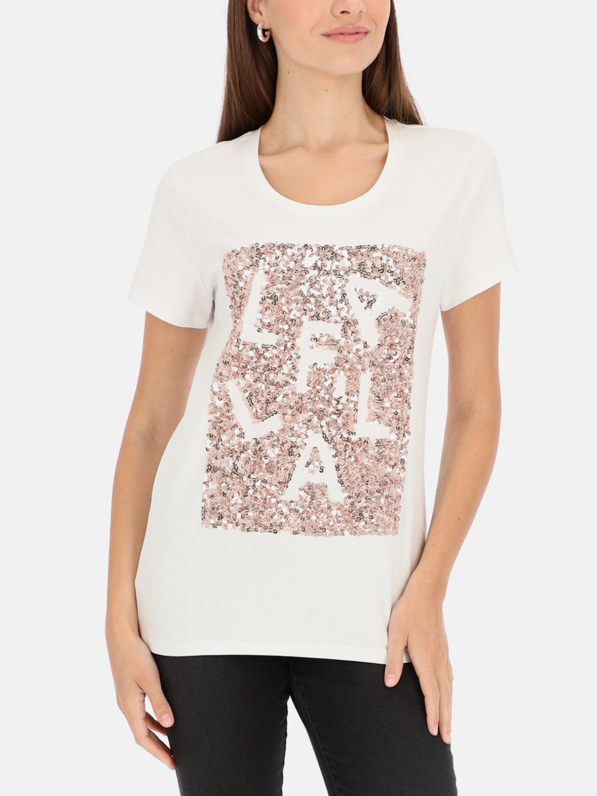 Biały t-shirt damski z cekinową aplikacją L'AF Paris