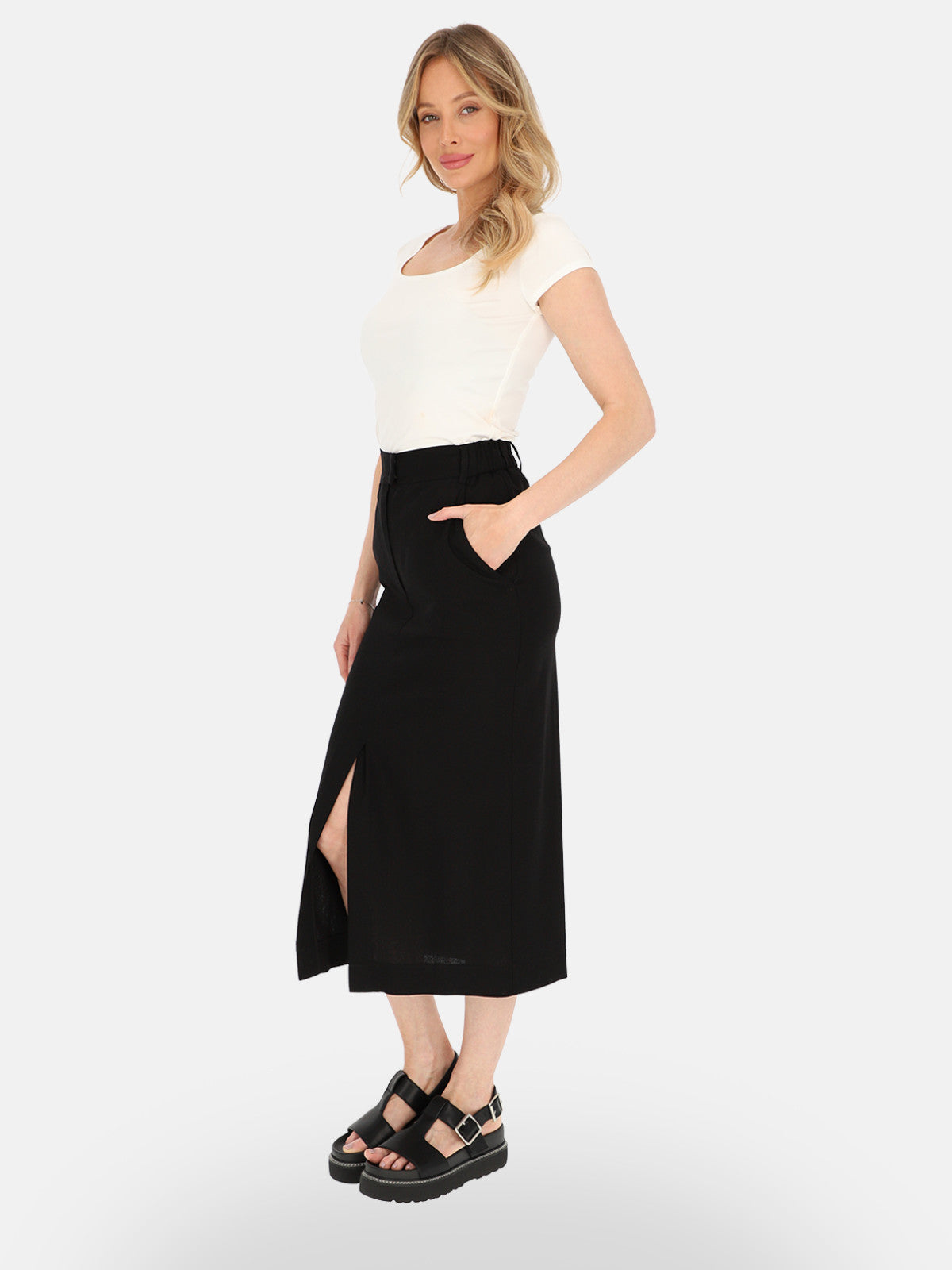 Minimalistyczna czarna lniana spódnica midi na lato Paula
