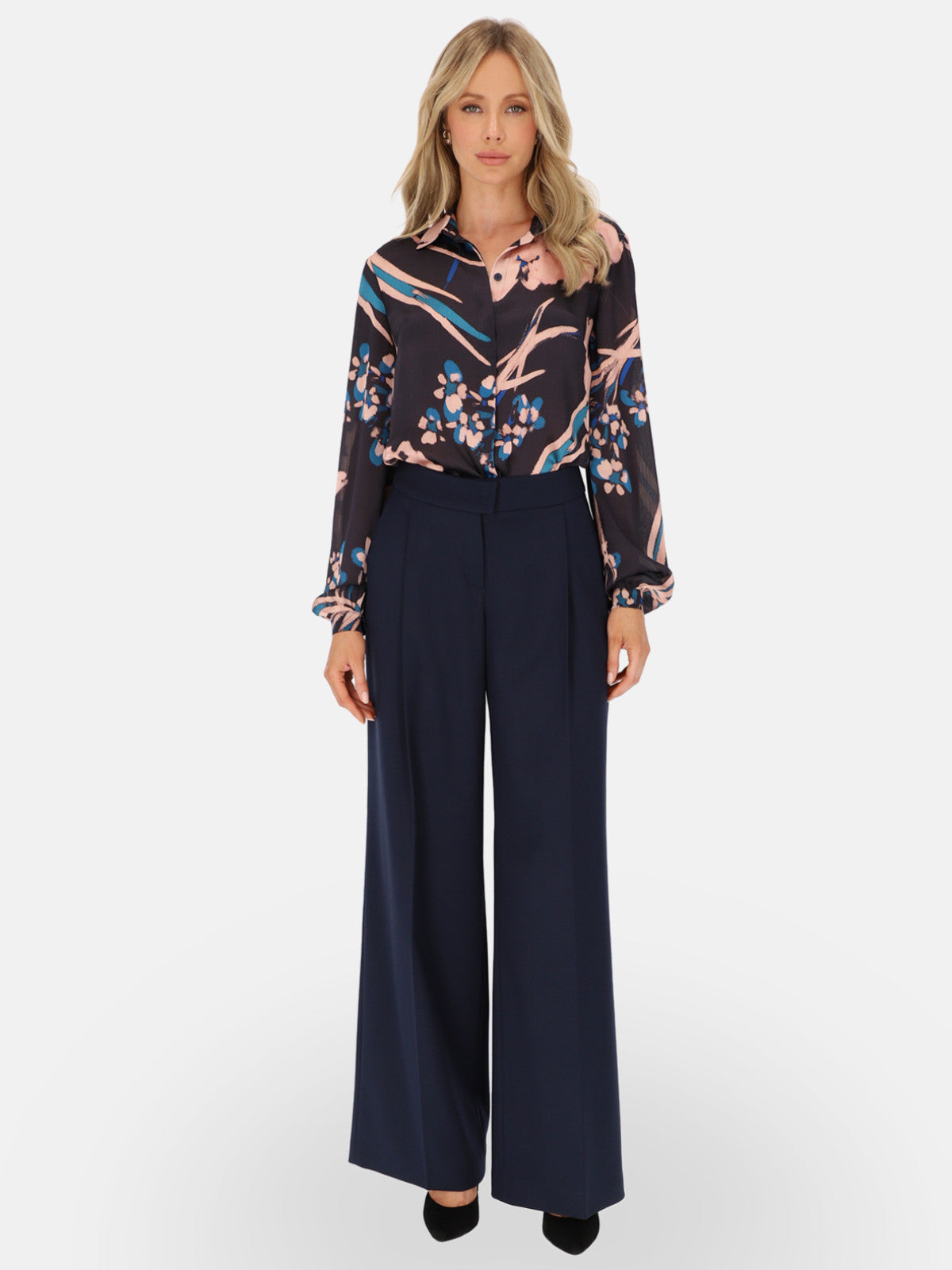 Granatowe eleganckie spodnie wide-leg z wysokim stanem L’AF Kelli