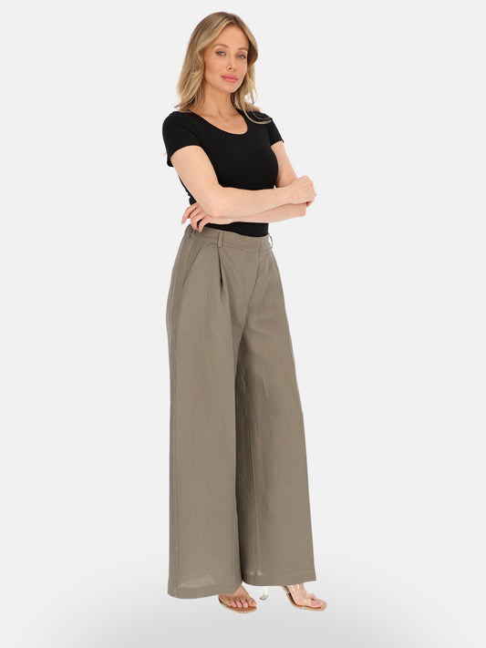 Elegancki szary lniany model spodni wide leg o luźnym kroju Zita