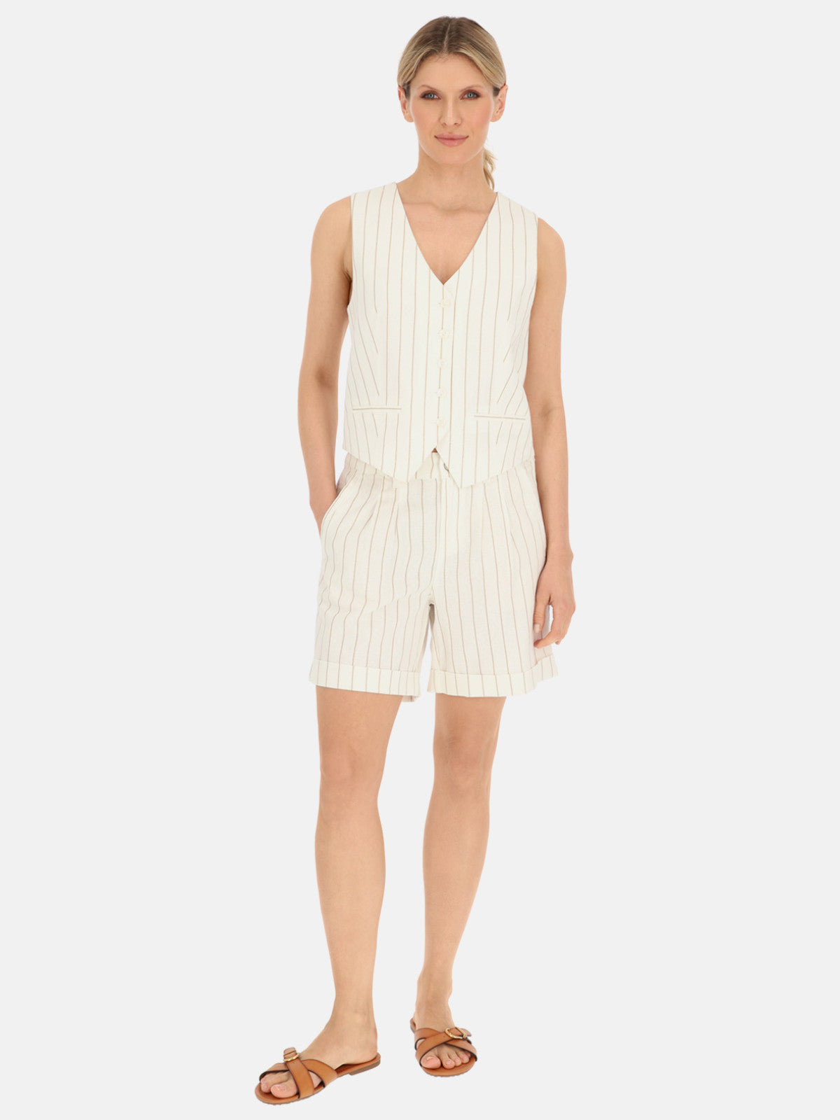 Kremowa kamizelka damska w paski Red Button Waistcoat