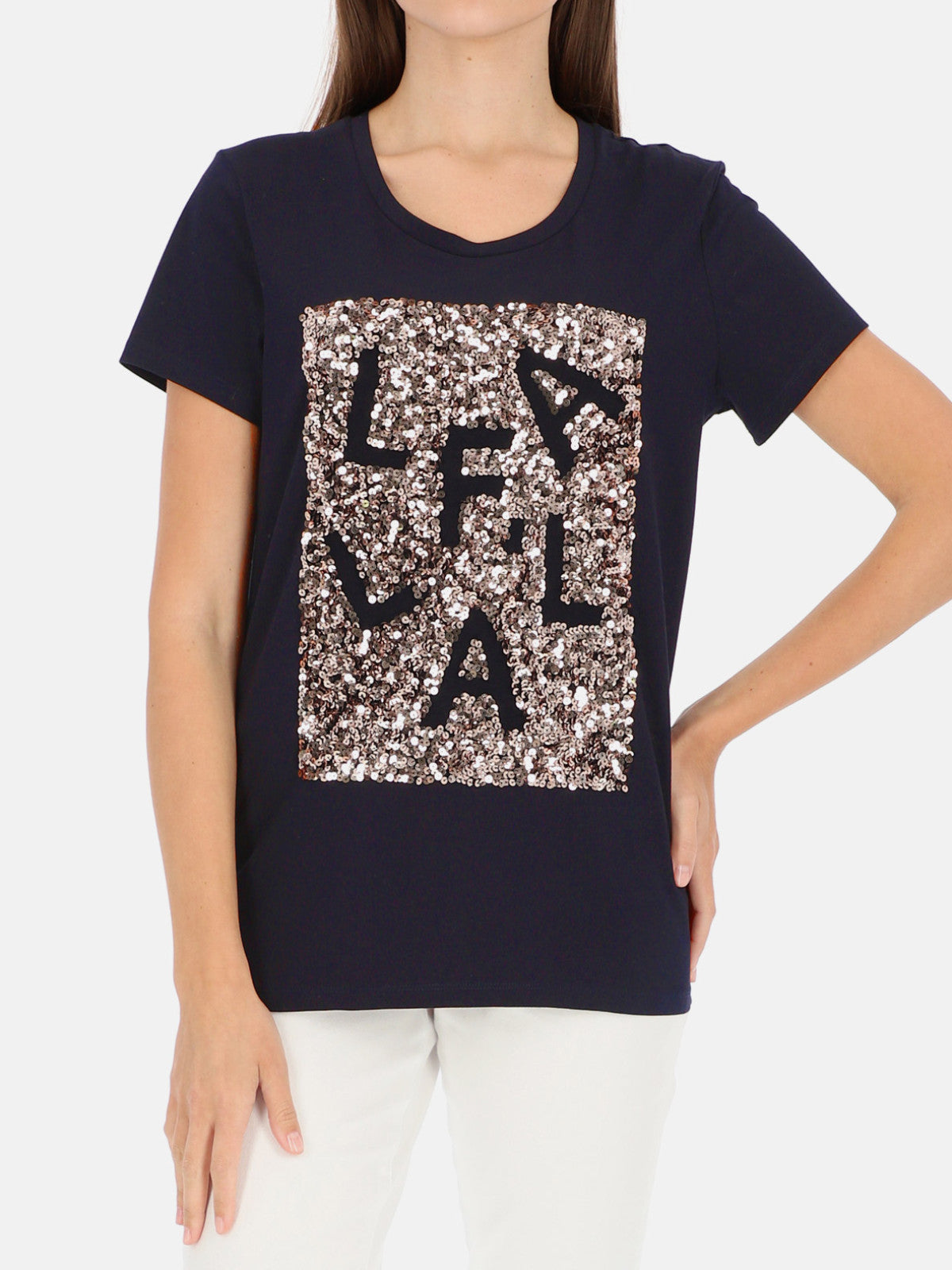 Granatowy t-shirt damski z cekinową aplikacją L'AF Paris