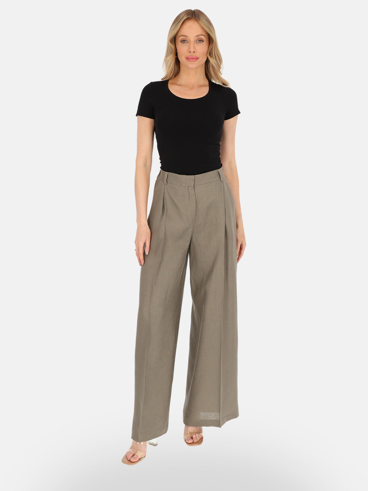 Elegancki szary lniany model spodni wide leg o luźnym kroju Zita