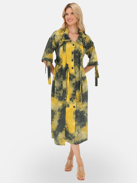 Sukienka koszulowa w oliwkowo-żółty wzór tie-dye EyeForFashion