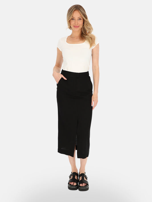 Minimalistyczna czarna lniana spódnica midi na lato Paula