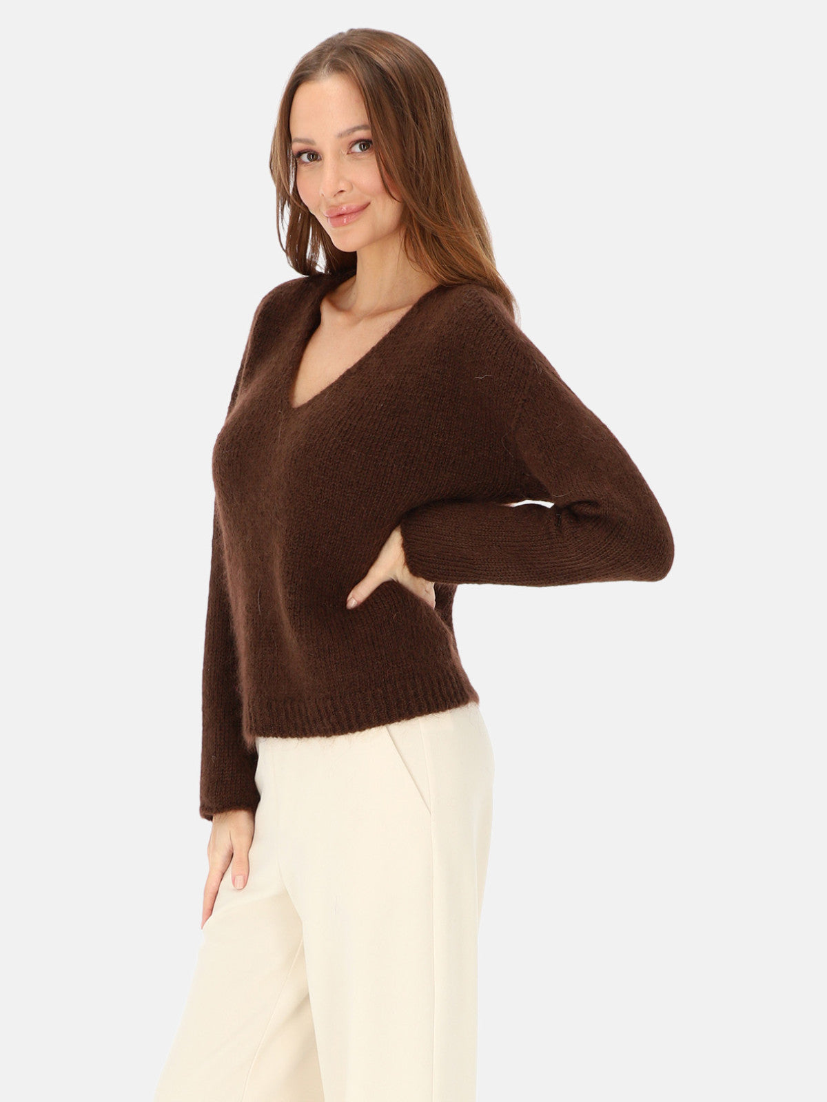 Brązowy sweter z włoskiej dzianiny z moherem L’AF Nelli