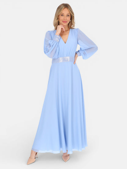 Wieczorowa błękitna elegancka gładka sukienka na wesele maxi Liliosa