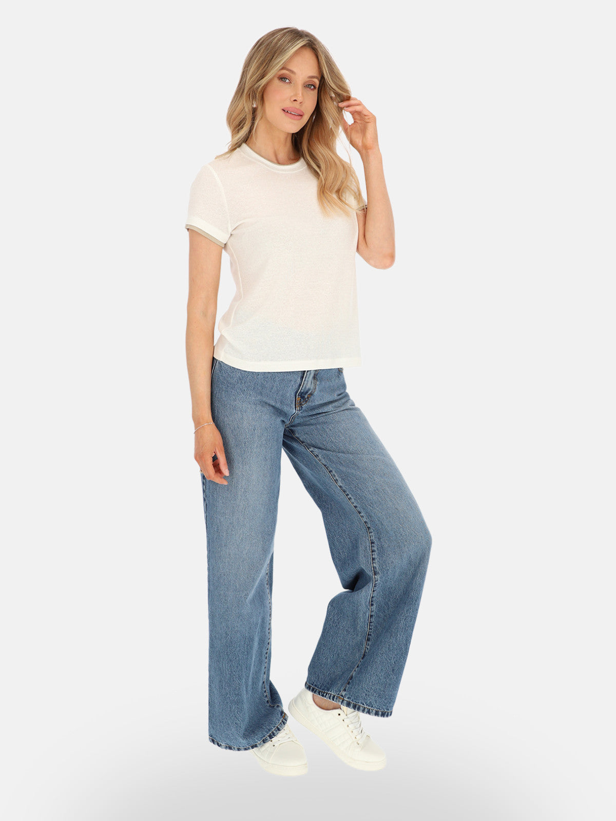 Lekki śmietankowy lniany casualowy damski t-shirt na lato Barbara