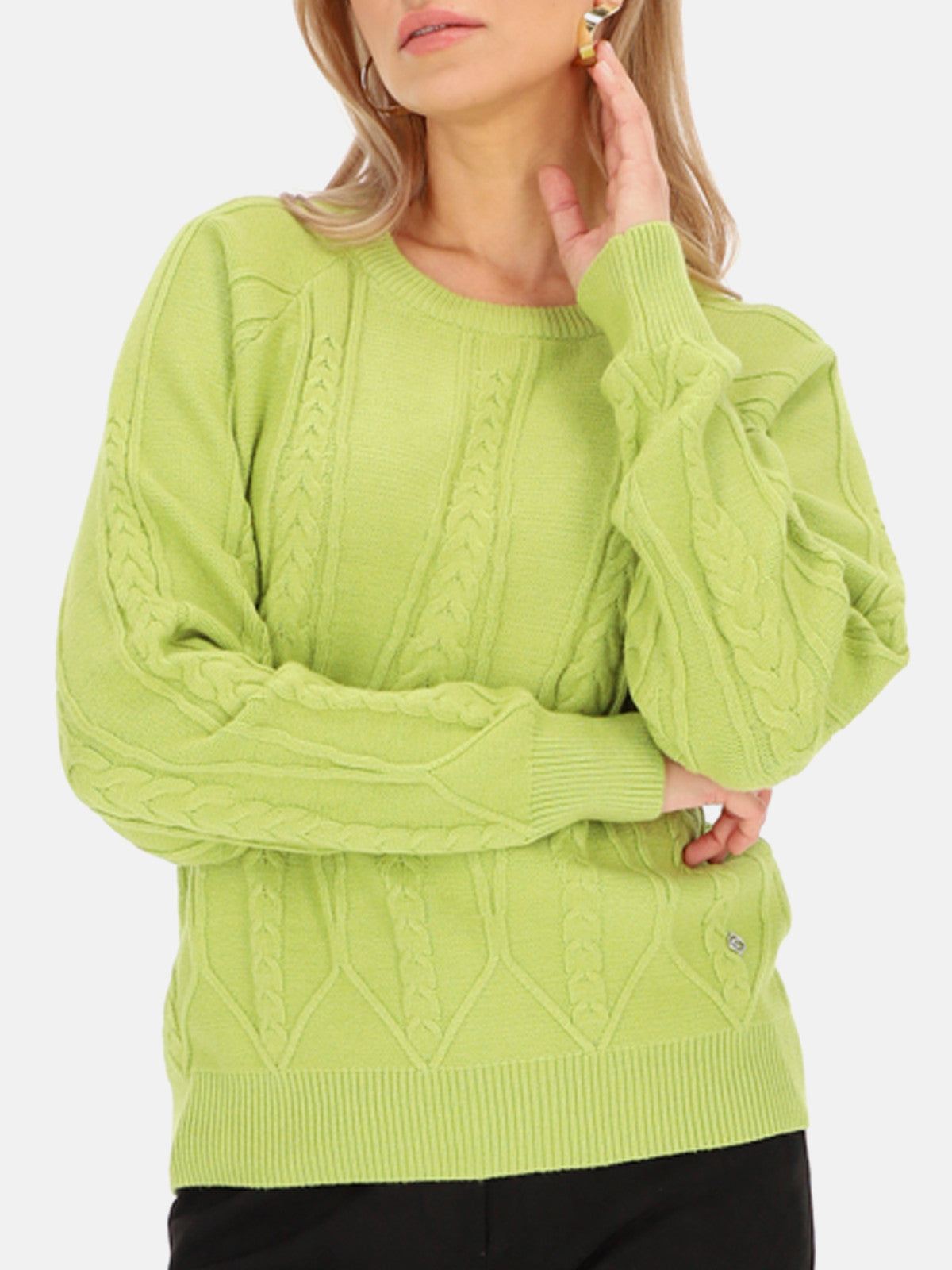 Limonkowy sweter damski ze wzorem plecionki Smashed Lemon 24635