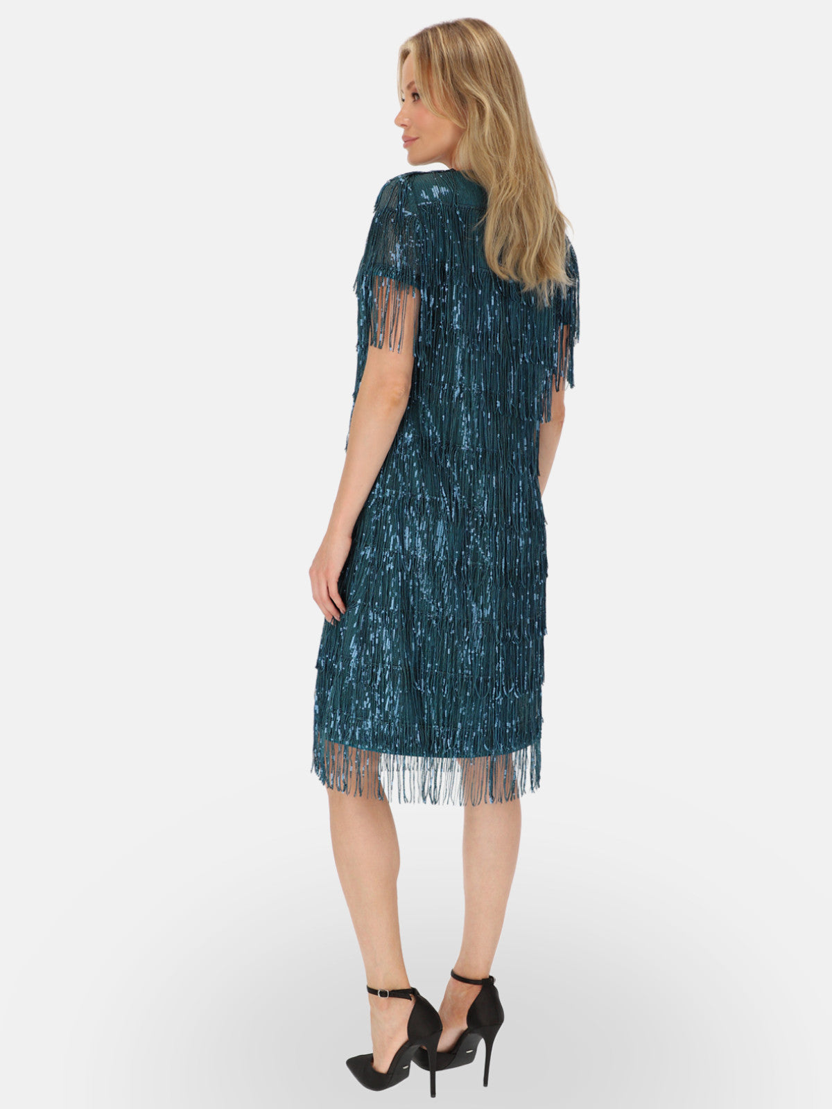 Wieczorowa zielona sukienka z cekinowymi frędzlami L'AF Samba