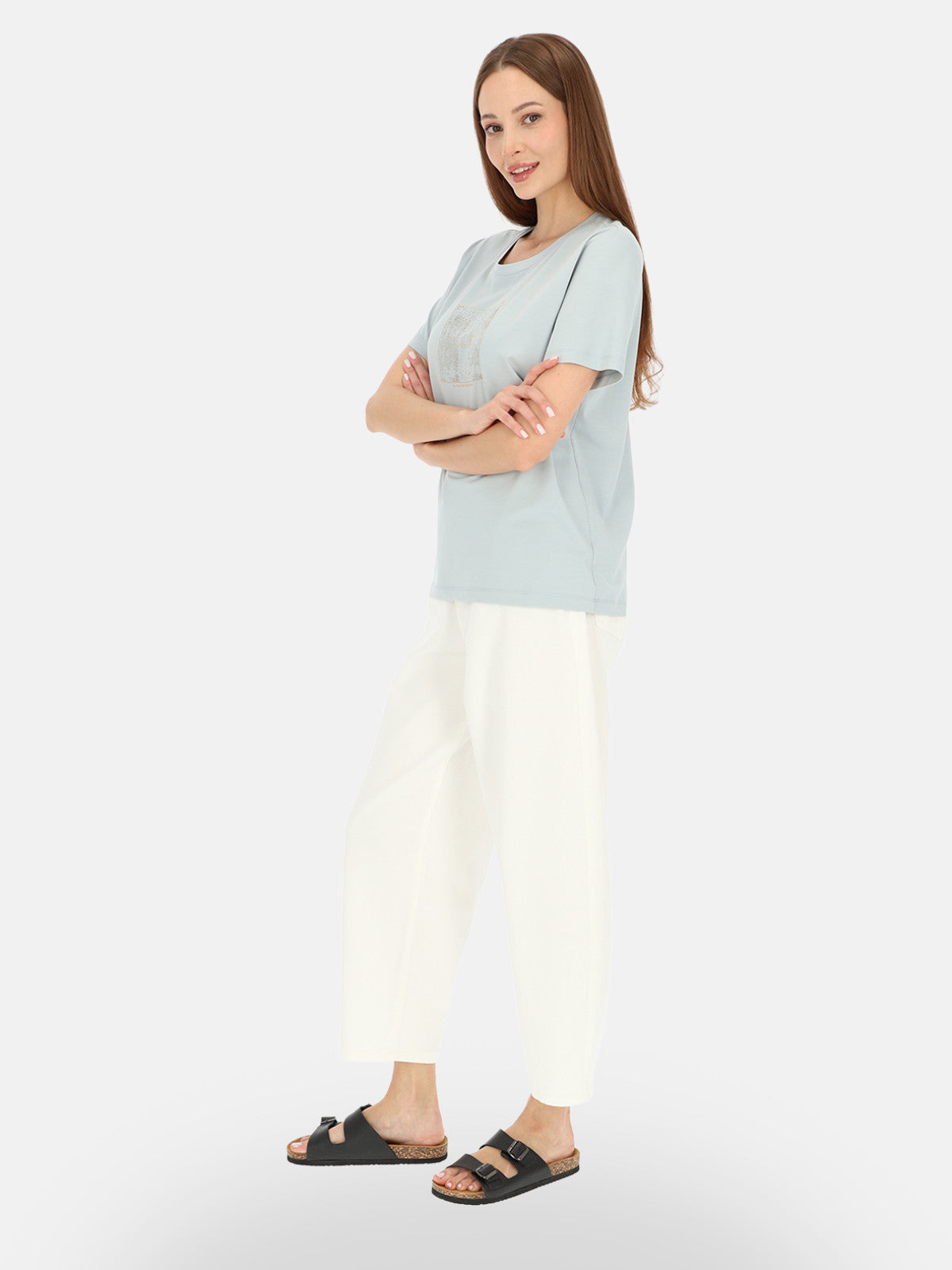 Odświeżający miętowy bawełniany t-shirt damski z nadrukiem Fabiana