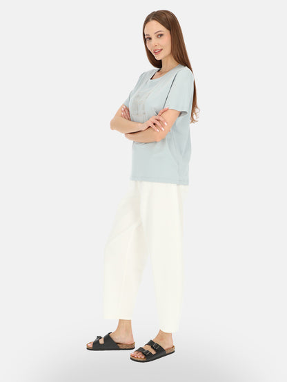 Odświeżający miętowy bawełniany t-shirt damski z nadrukiem Fabiana