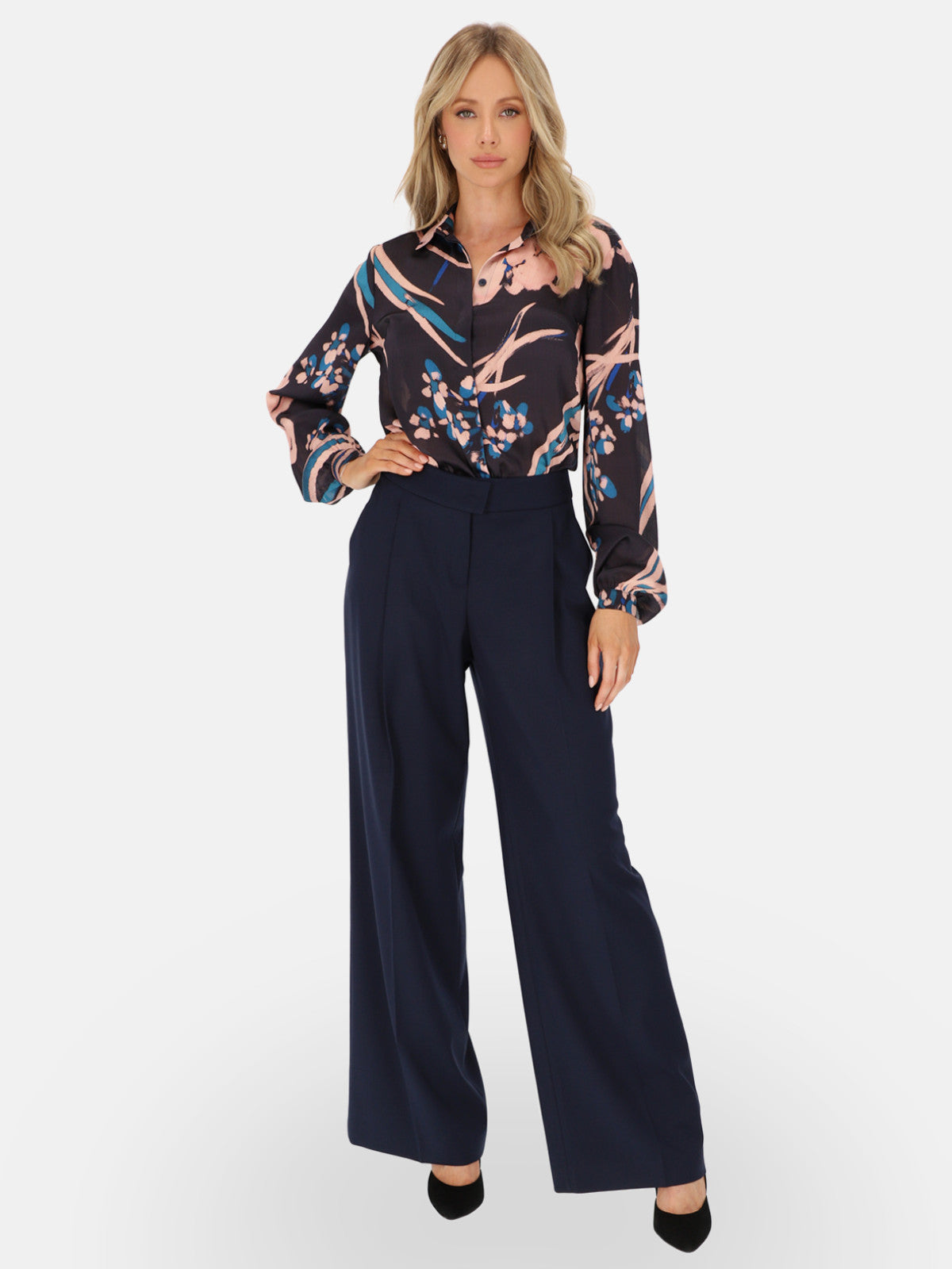 Granatowe eleganckie spodnie wide-leg z wysokim stanem L’AF Kelli
