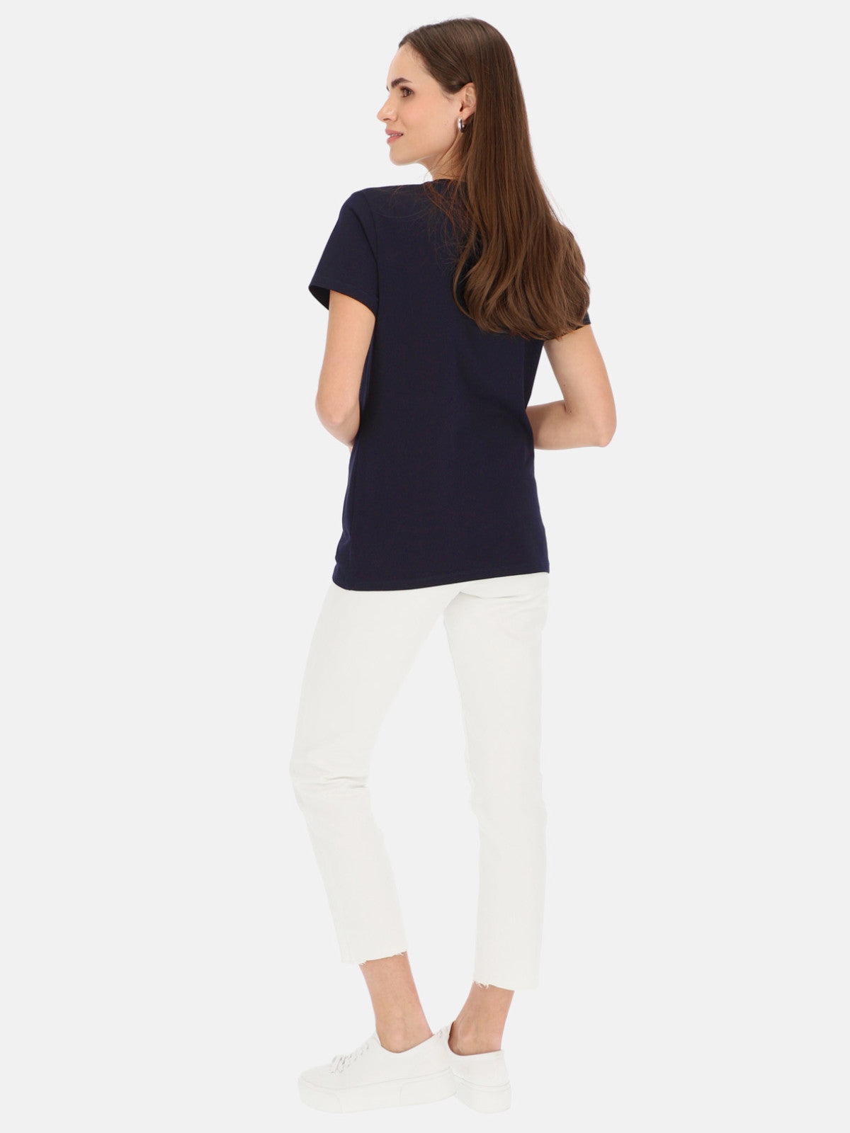 Granatowy t-shirt damski z cekinową aplikacją L'AF Paris