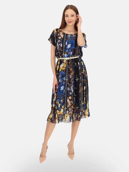 Elegancka granatowa sukienka w kwiatowy print midi na wyjście Isaure