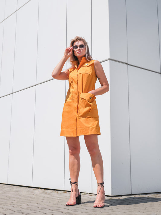 Sukienka bawełniana pomarańczowa z kieszeniami EyeForFashion