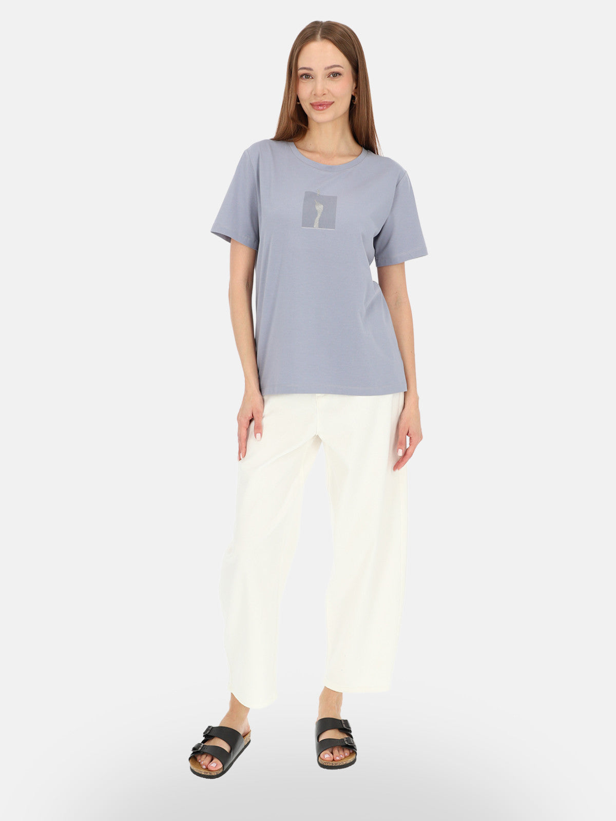 Modny błękitny bawełniany t-shirt z połyskującym nadrukiem Zoryana