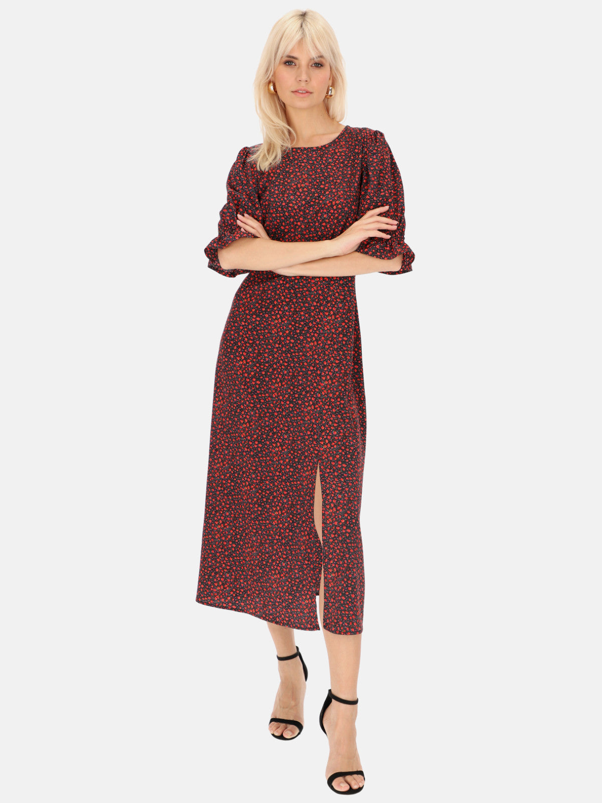 Czarna sukienka midi w czerwone kwiatuszki Eye For Fashion Abbi