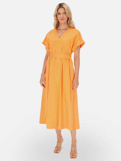 Żólta sukienka midi z paskiem w talii Eye For Fashion