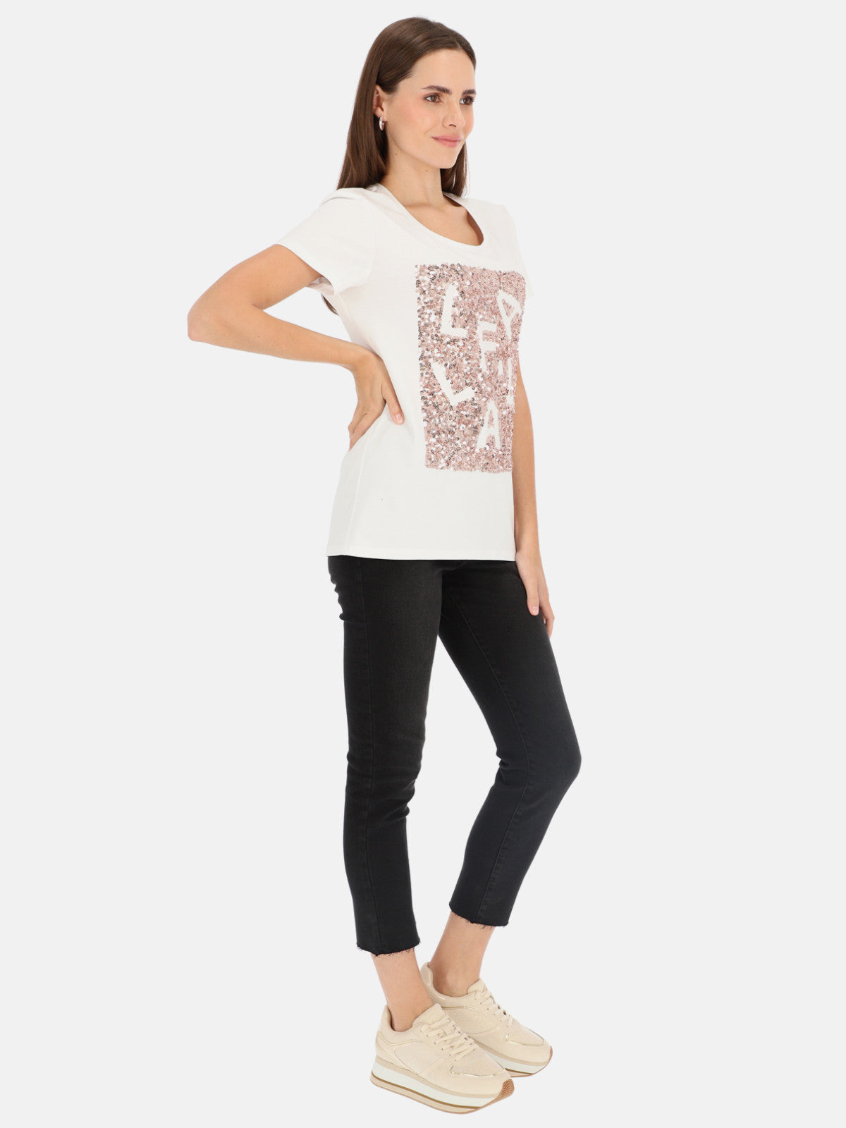Biały t-shirt damski z cekinową aplikacją L'AF Paris