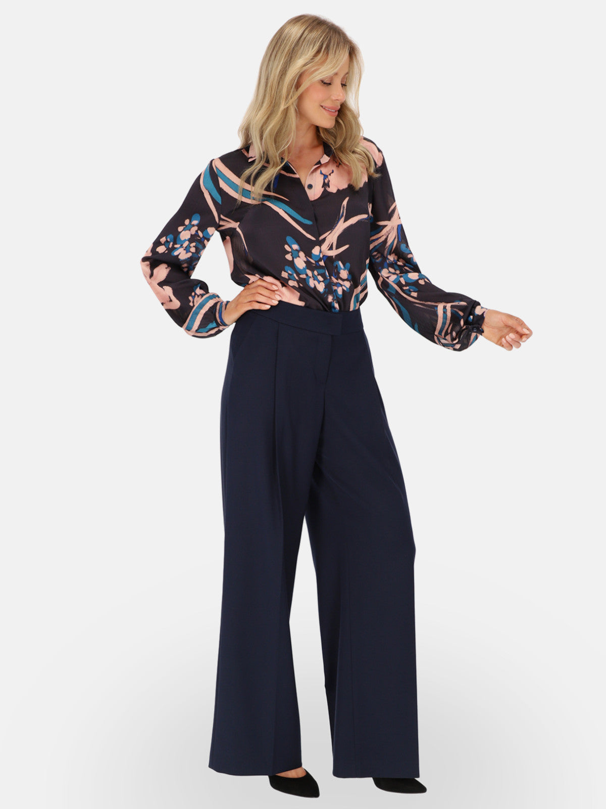 Granatowe eleganckie spodnie wide-leg z wysokim stanem L’AF Kelli