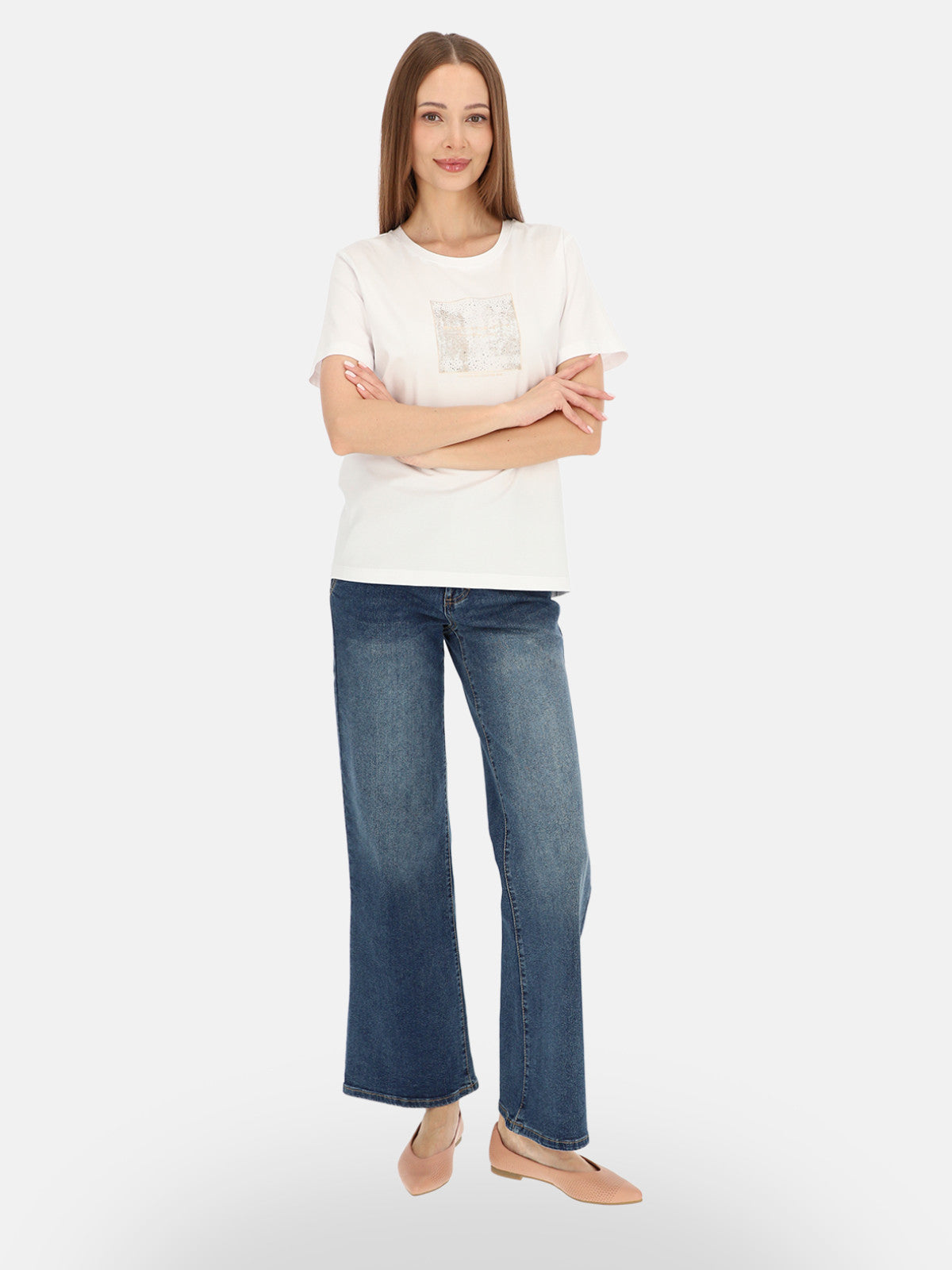 Minimalistyczny biały bawełniany t-shirt z połyskującym nadrukiem Chiara