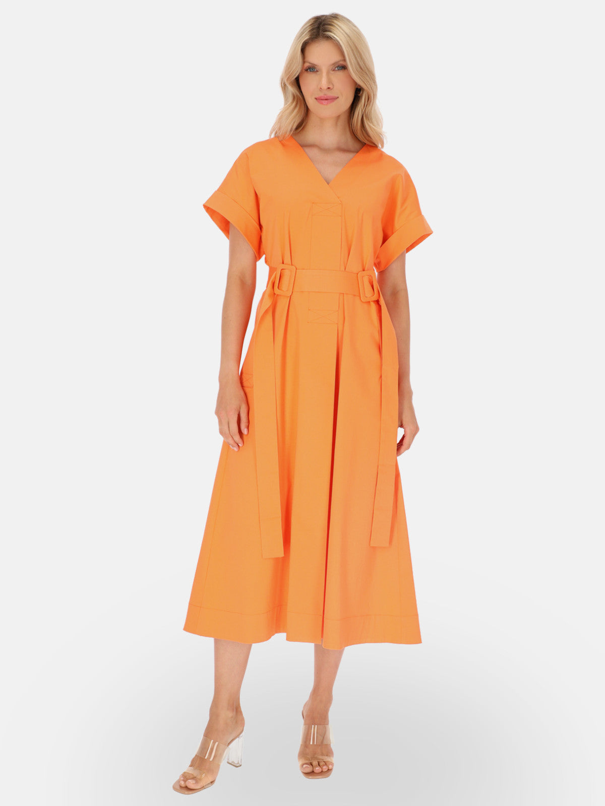 Musztardowa sukienka midi z paskiem w talii Eye For Fashion