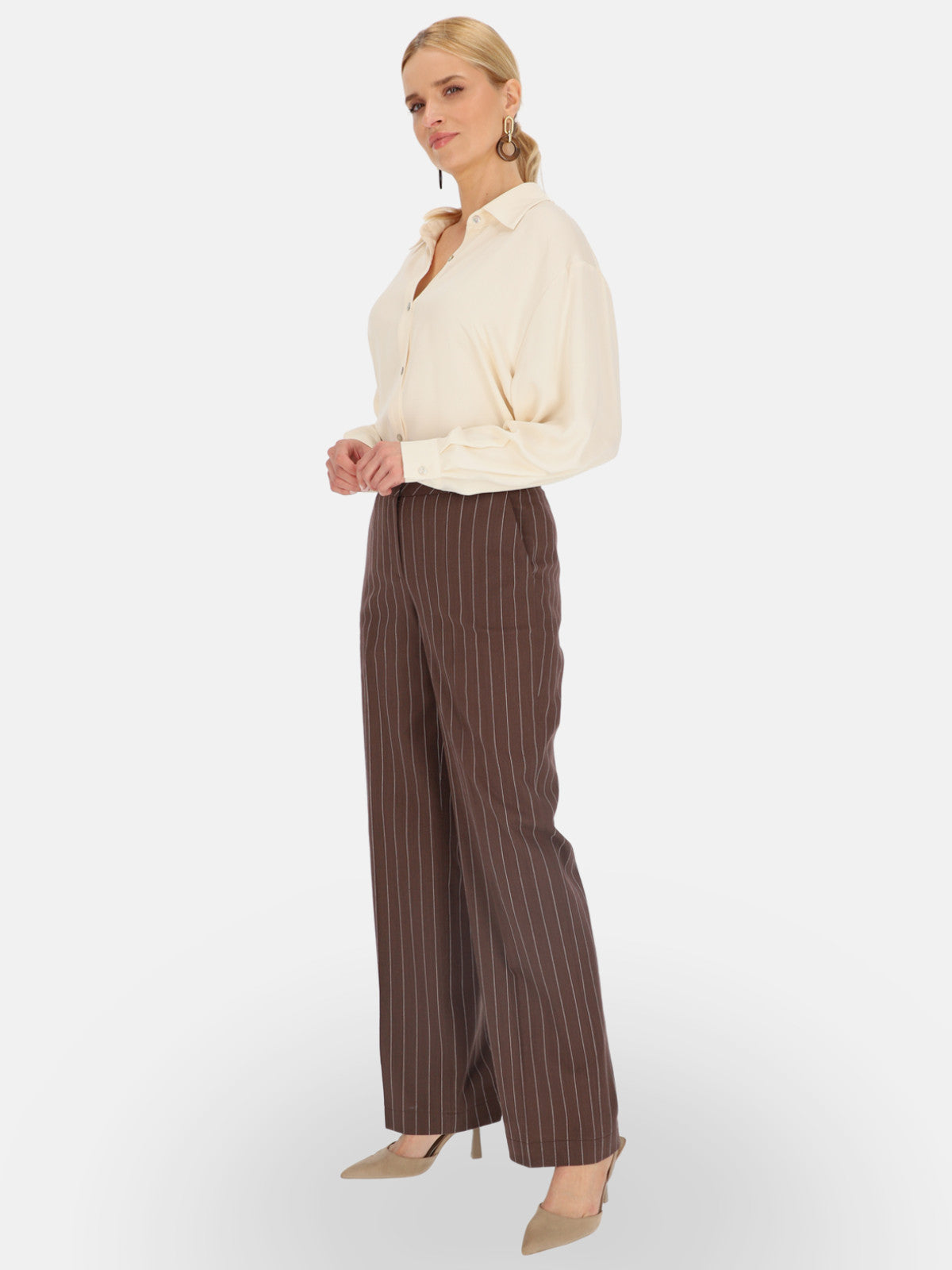 Eleganckie brązowe spodnie damskie w paski L’AF Himena