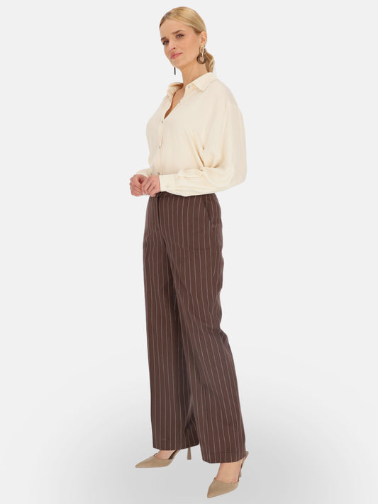 Eleganckie brązowe spodnie damskie w paski L’AF Himena