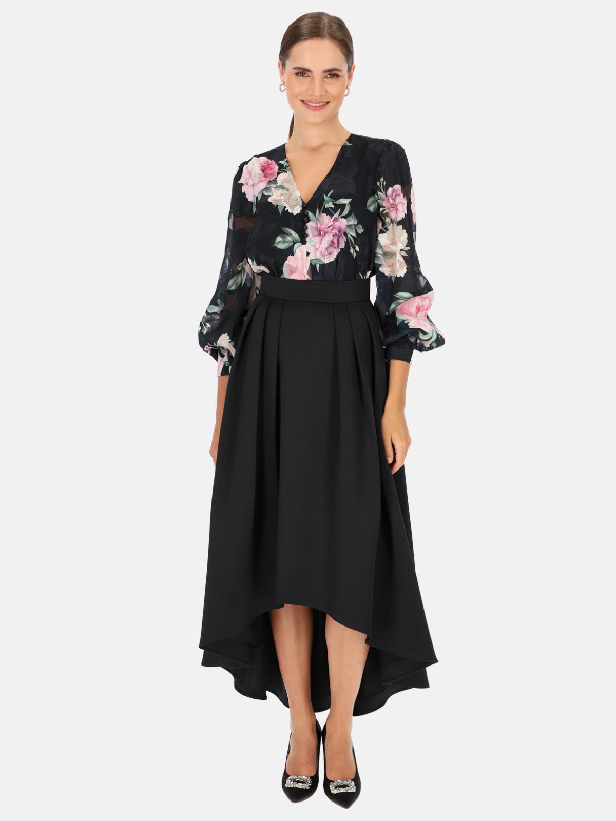 Granatowa bluzka w róże z mankietami L'AF Fabia