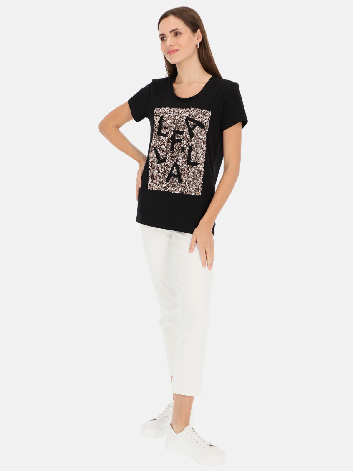 Czarny t-shirt damski z cekinową aplikacją L'AF Paris