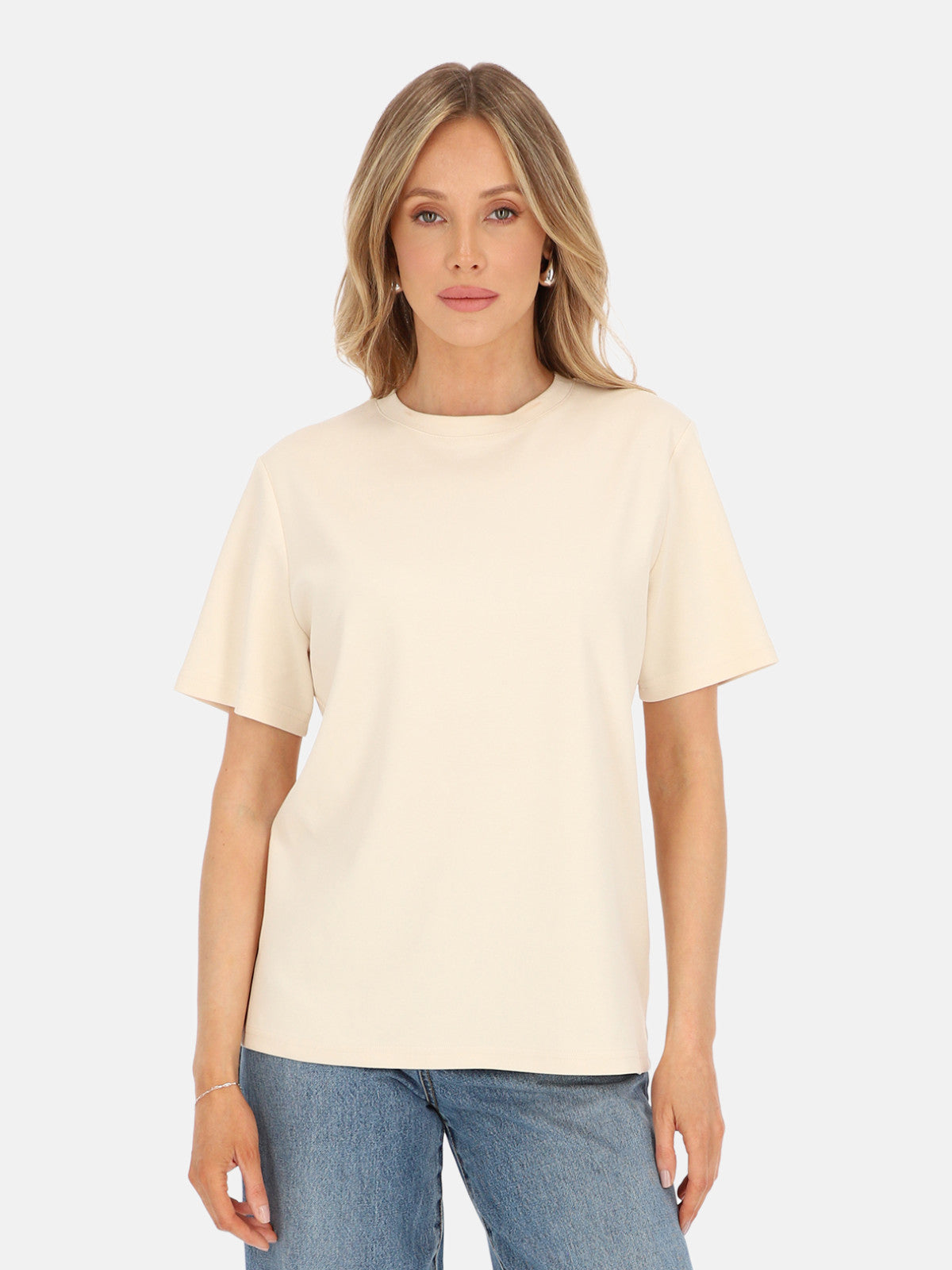 Ciepły beżowy kremowy bawełniany gładki damski t-shirt basic Magda
