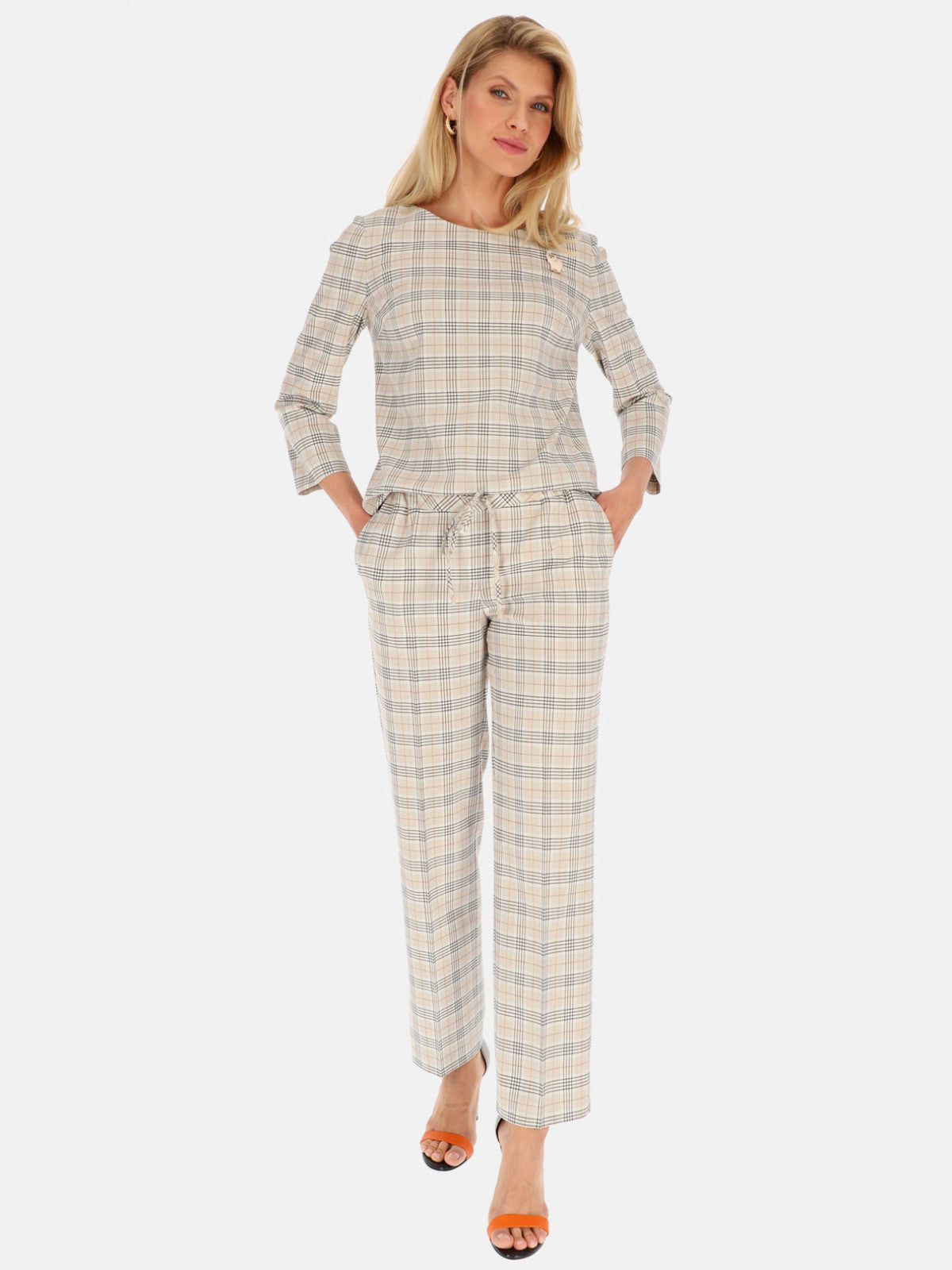 Beżowa bluzka w kratę z broszką Potis & Verso Dariana