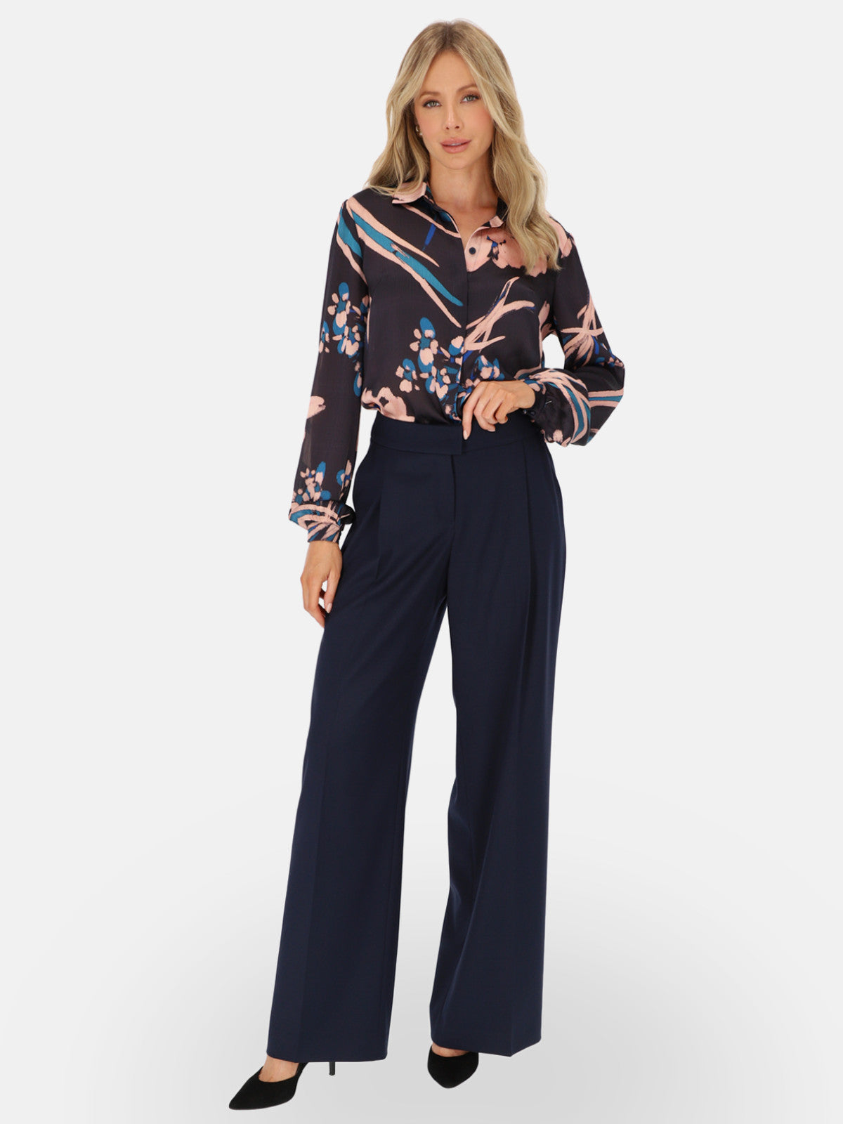 Granatowe eleganckie spodnie wide-leg z wysokim stanem L’AF Kelli