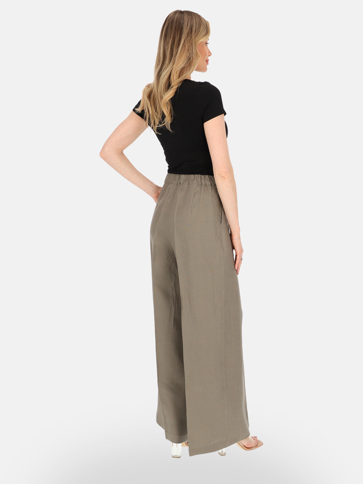 Elegancki szary lniany model spodni wide leg o luźnym kroju Zita