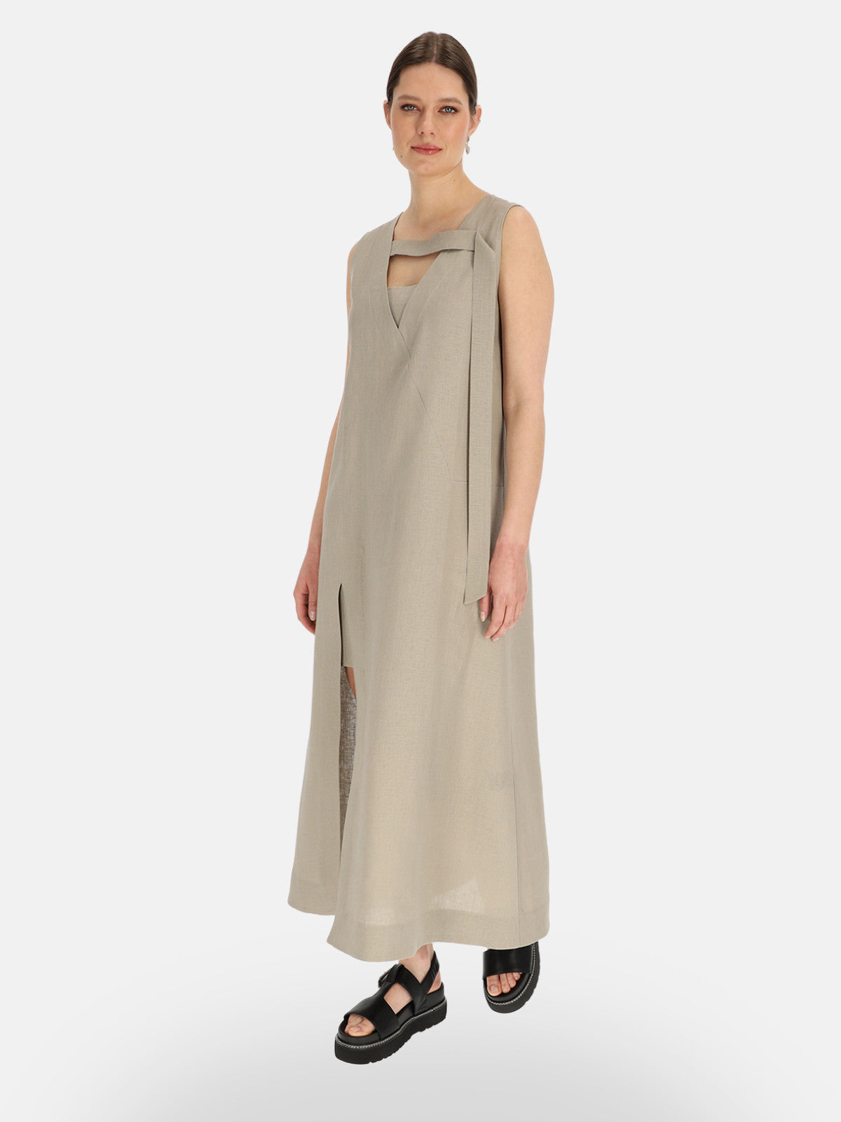 Szara lniana sukienka maxi z rozcięciem Eye For Fashion