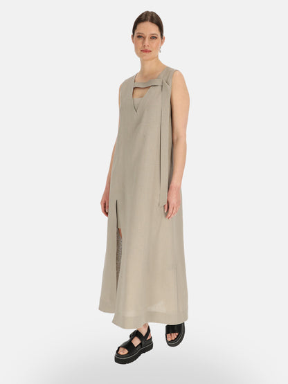 Szara lniana sukienka maxi z rozcięciem Eye For Fashion