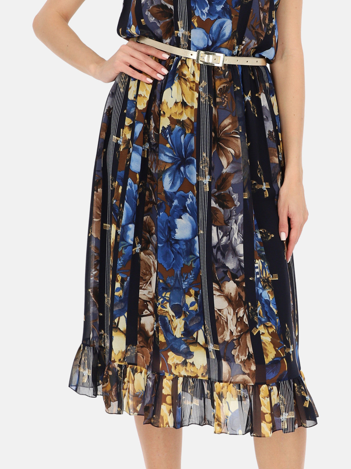 Elegancka granatowa sukienka w kwiatowy print midi na wyjście Isaure