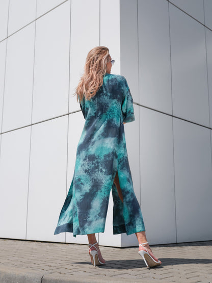 Zwiewna turkusowa sukienka maxi z rozcięciami EyeForFashion