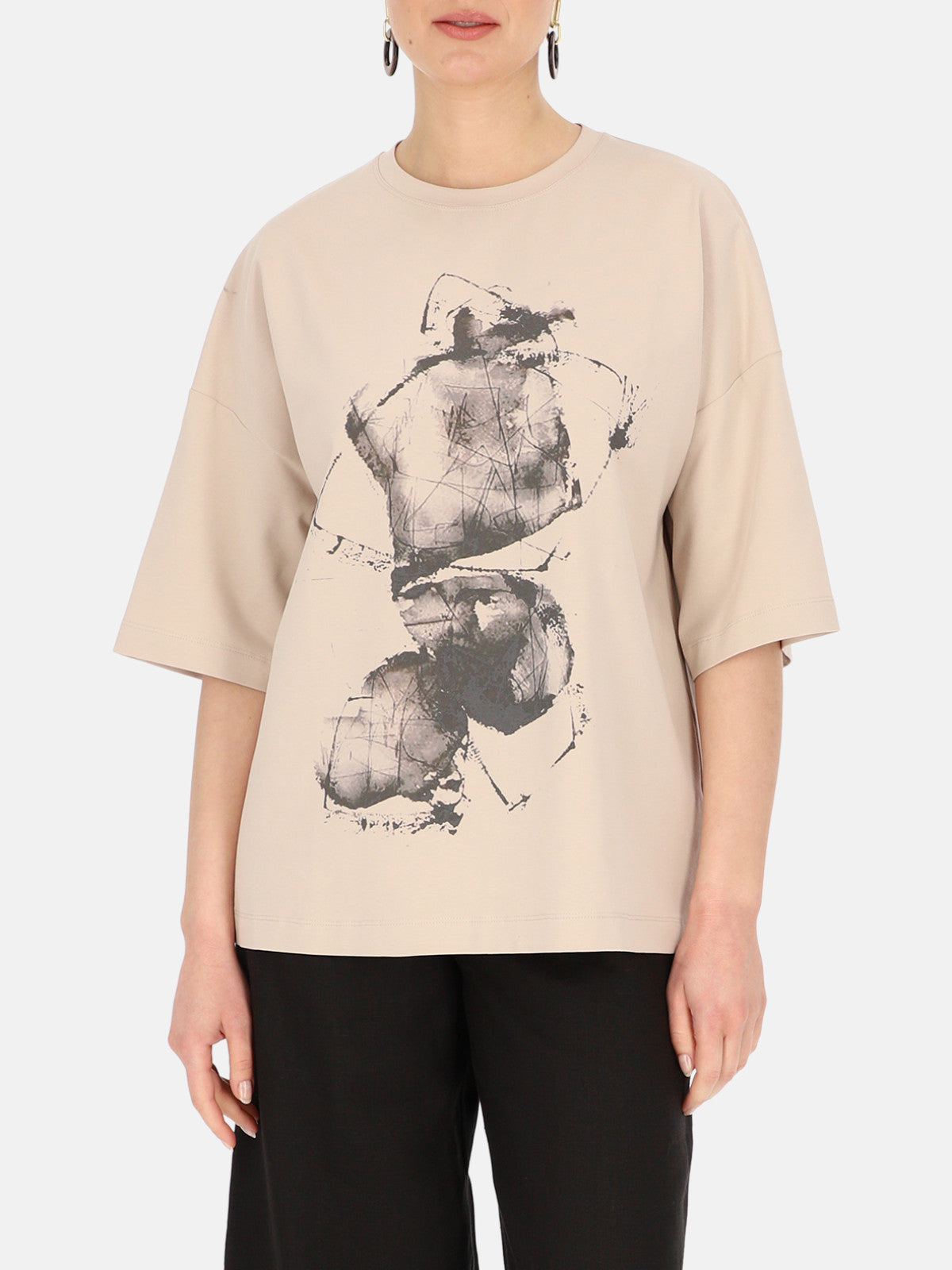Beżowy T-shirt damski z artystycznym nadrukiem Eye For Fashion