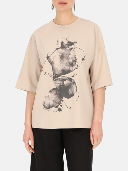 Beżowy T-shirt damski z artystycznym nadrukiem Eye For Fashion