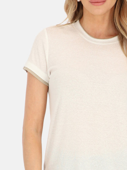 Lekki śmietankowy lniany casualowy damski t-shirt na lato Barbara