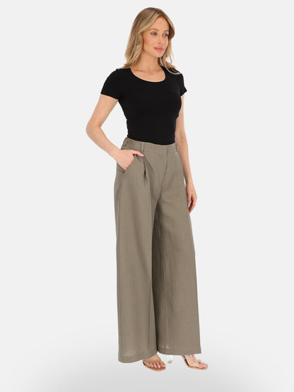 Elegancki szary lniany model spodni wide leg o luźnym kroju Zita