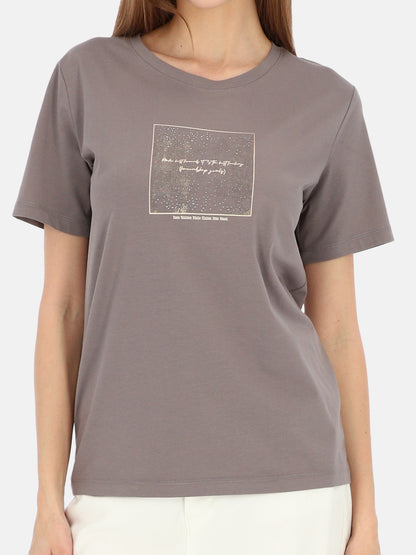 Minimalistyczny szary bawełniany t-shirt damski z nadrukiem Melisa
